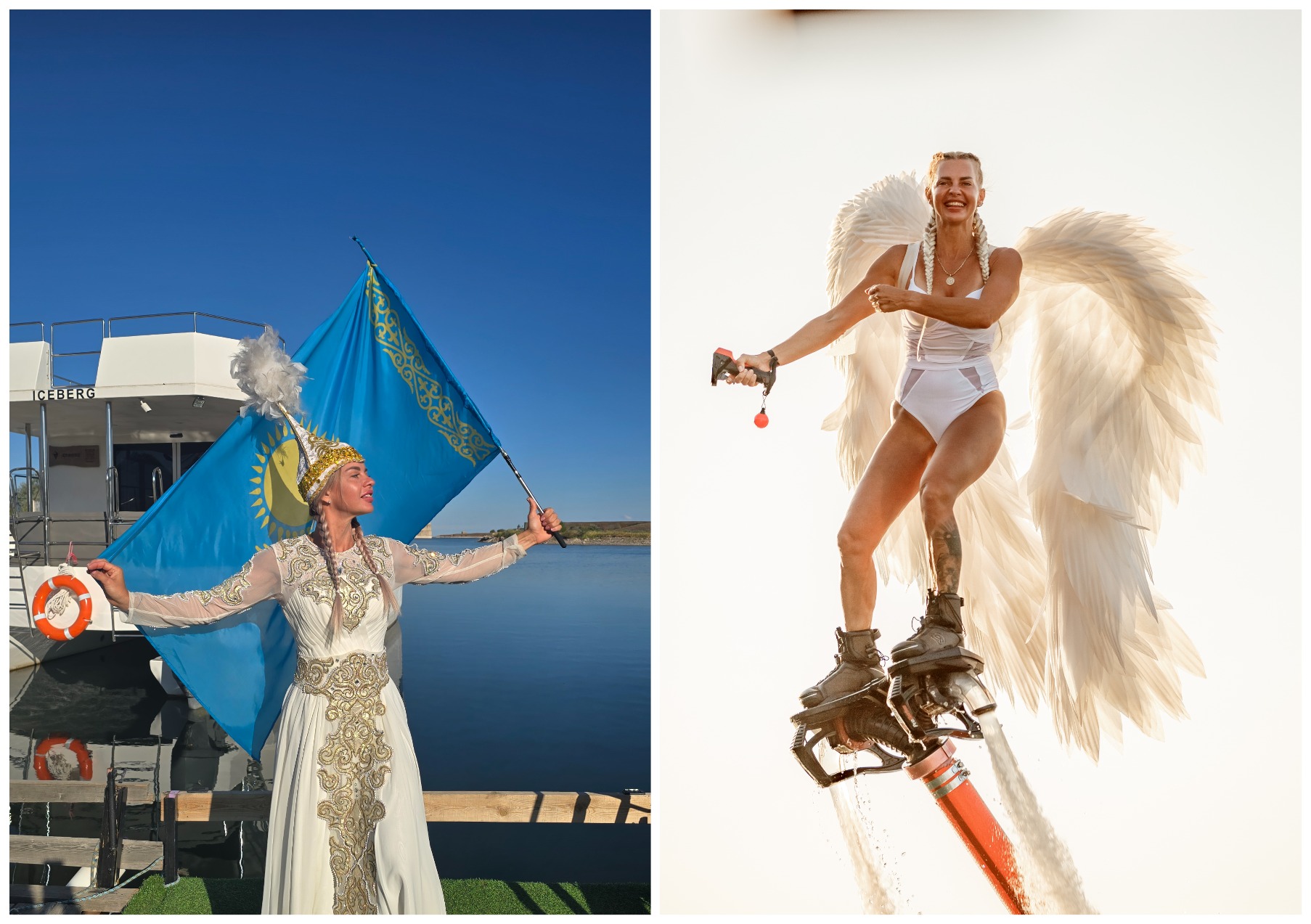 Казахстанка представила экстремальный номер на FlyBoard в национальном костюме