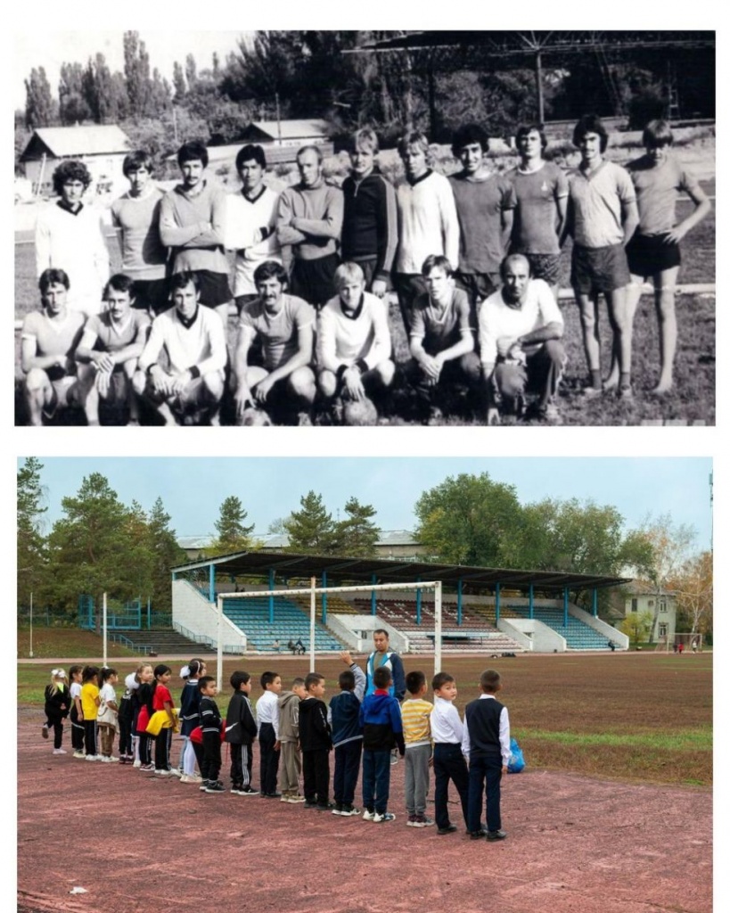 К. Муратиди с футбольной командой, 1980-е. Урок физкультуры на стадионе имени К. Муратиди, 2023.